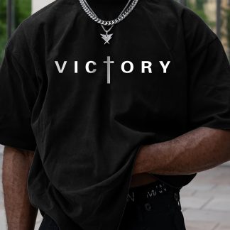 A casual cotton T-shirt for men featuring the word "Victory" printed on it. It has a crew neckline, slight stretch, and is suitable for all seasons. It has a regular fit and is suitable for adults and plus sizes.