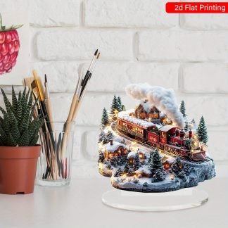 Festive Christmas Train and Tree Acrylic Tabletop Display Sign, Classic Holiday Decoration, Multipurpose Christmas Gift Branding, Elegant Style, No Power Required, With Stand, Suitable for Home and Office Bedroom - 2D Flat Print, Not 3D